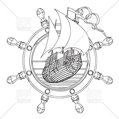 400x400 hand drawn sail ship and steering wheel emblem vector image - Ship Steering Wheel Drawing