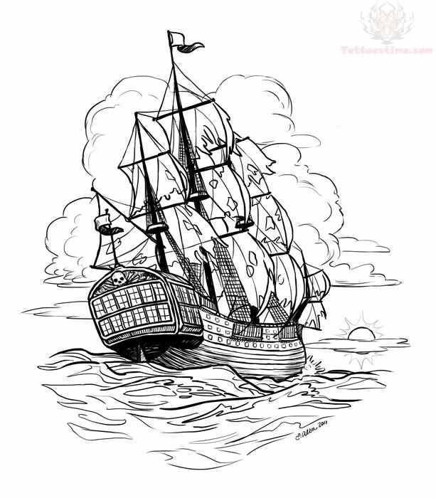 613x700 Outline Pirate Ship Tattoo Designs - Ship Tattoo Drawing