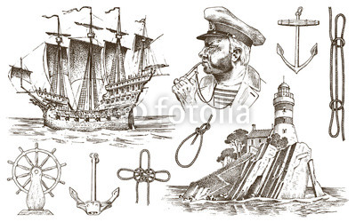 400x250 skipper with pipe lighthouse and sea captain, marine sailor - Ship Wheel Drawing