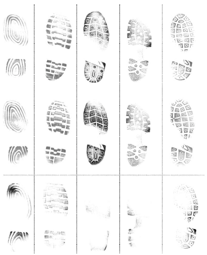 414x510 Examples Of Five Shoeprint Pattern Categories The Top Row Shows - Shoe Print Drawing