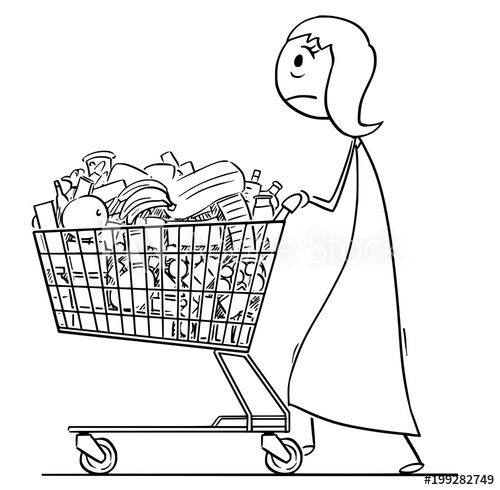 500x490 cartoon stick man drawing conceptual illustration of tired woman - Shopping Cart Drawing