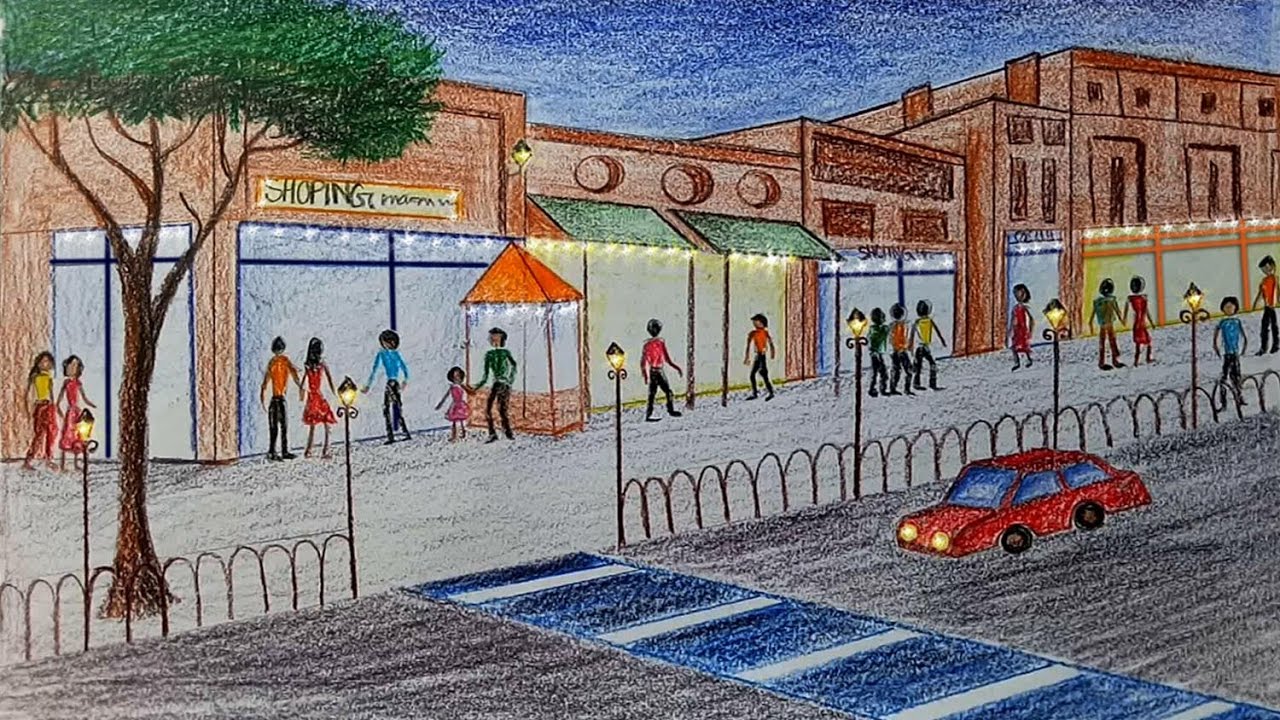 1280x720 How To Draw Scenery Of Shopping Mall Step - Shopping Drawing