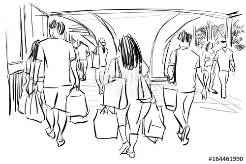 500x334 People Walking In Shopping Cartoon Drawing Stock Photo - Shopping Drawing