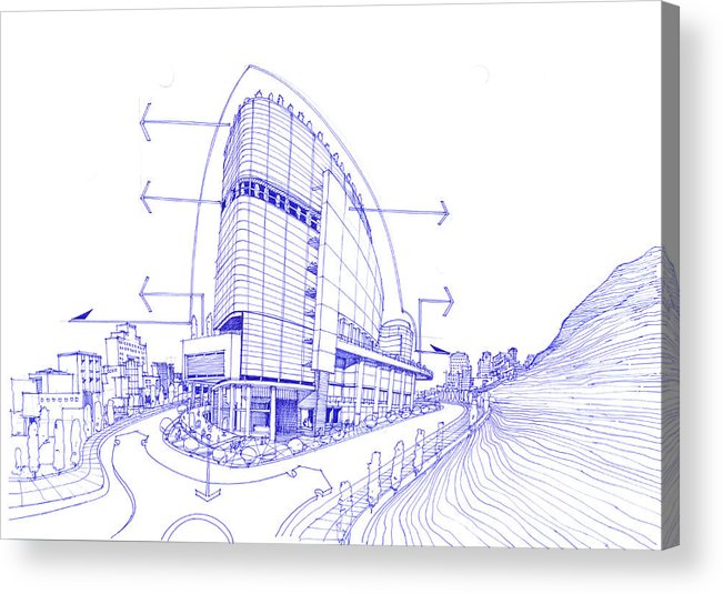 651x535 exterior sketch of a shopping mall acrylic print - Shopping Mall Drawing