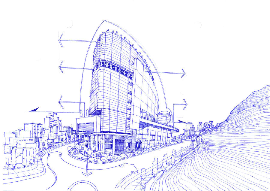 900x636 exterior sketch of a shopping mall drawing - Shopping Mall Drawing