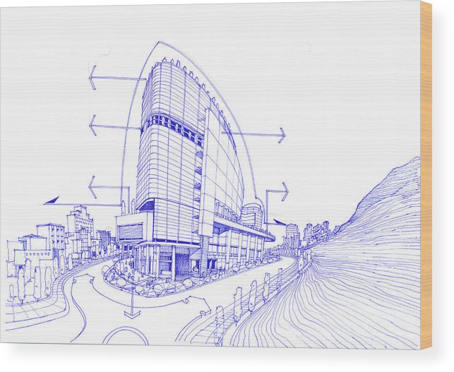 643x527 exterior sketch of a shopping mall wood print - Shopping Mall Drawing