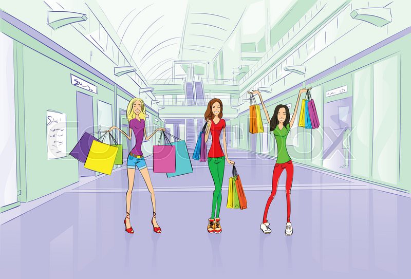 800x543 women friends shopping bags, girls in stock vector colourbox - Shopping Mall Drawing