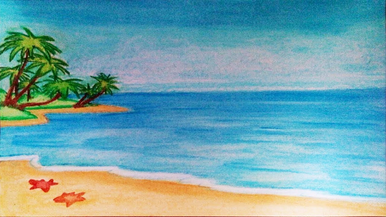 1280x720 how to draw a beach scenery step - Shore Drawing