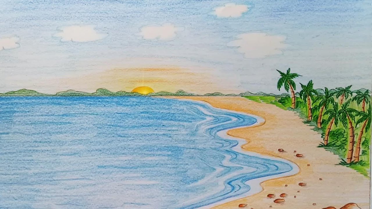 1280x720 how to draw sea scenery step - Shore Drawing