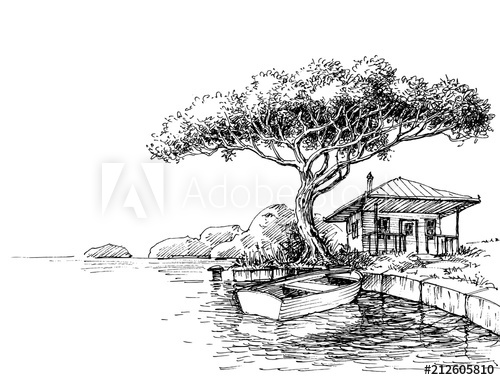 500x380 lake or river bank drawing boat and a chalet on shore - Shore Drawing