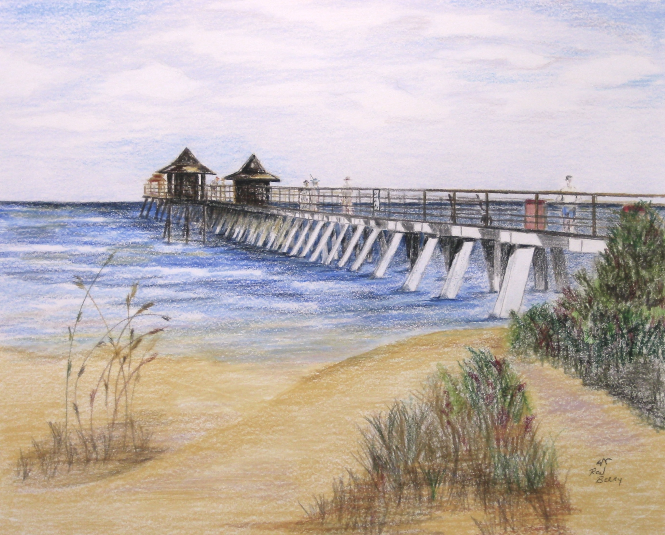 2317x1864 ron berry artwork pier and bushes original drawing pencil - Shore Drawing