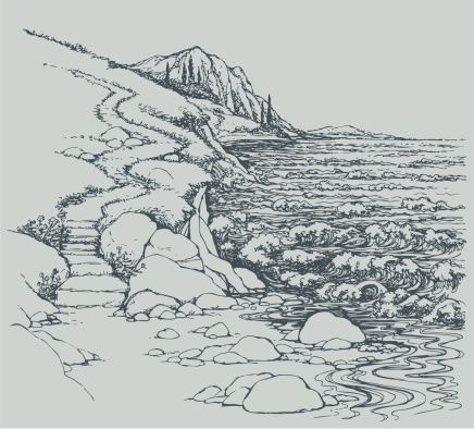 436x394 vector seascape steps to rocky shore vector - Shore Drawing