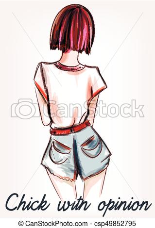 319x470 fashion illustration with girl short hair standing back chick - Short Hair Girl Drawing
