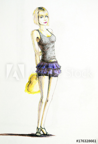 342x500 slim blonde girl in a short skirt and a t shirt pencil drawing - Short Skirt Drawing
