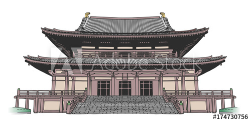 500x244 isolated drawing of japanese style buddhist temple in color - Shrine Drawing