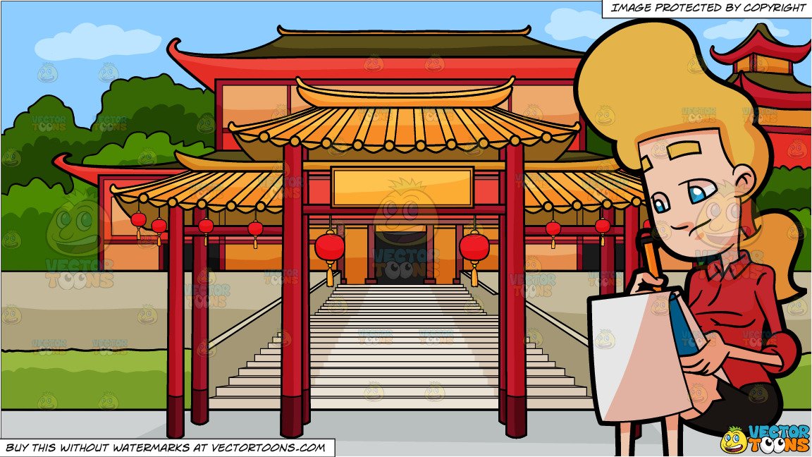 1152x648 a woman drawing something on her sketchpad and a chinese temple - Shrine Drawing