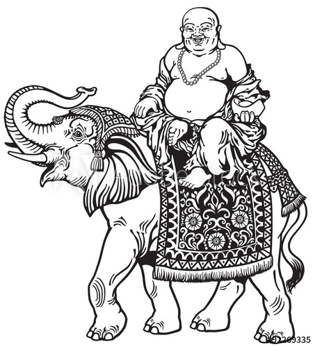 453x500 Lucky Buddha Riding Elephant, Black And White Side View Image - Side View Of Elephant Drawing