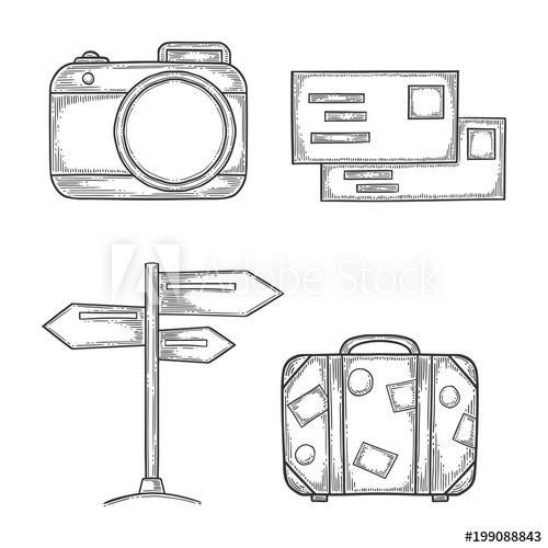 500x500 Vacation Set, Digital Photo Camera And Handbag, Wooden Signpost - Signpost Drawing