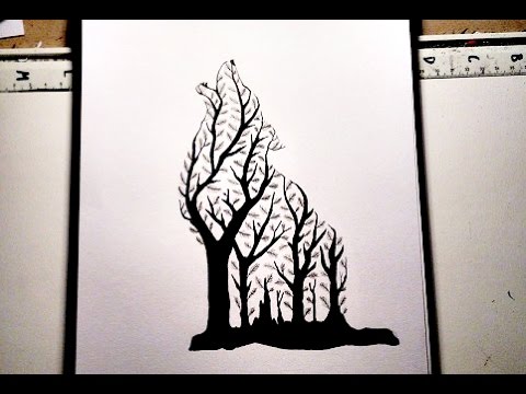 480x360 Drawing Wolf Forest Design - Silhouette Drawing
