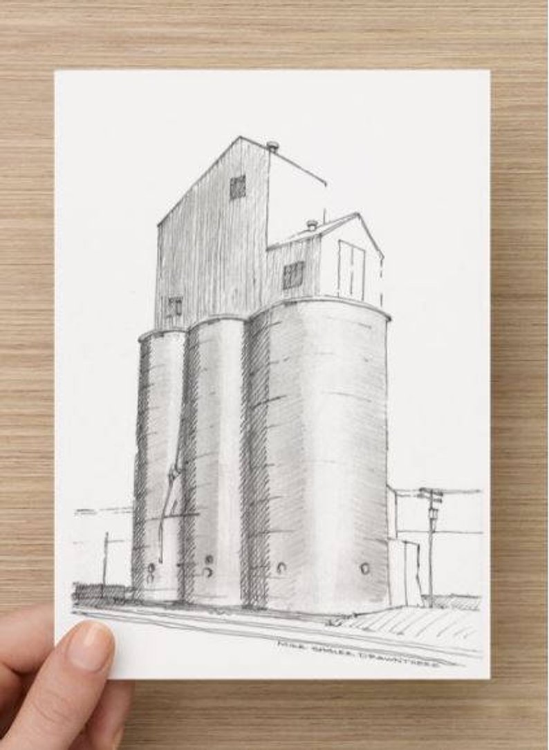 794x1085 ink sketch of grain silo drawing art farm architecture etsy - Silo Drawing