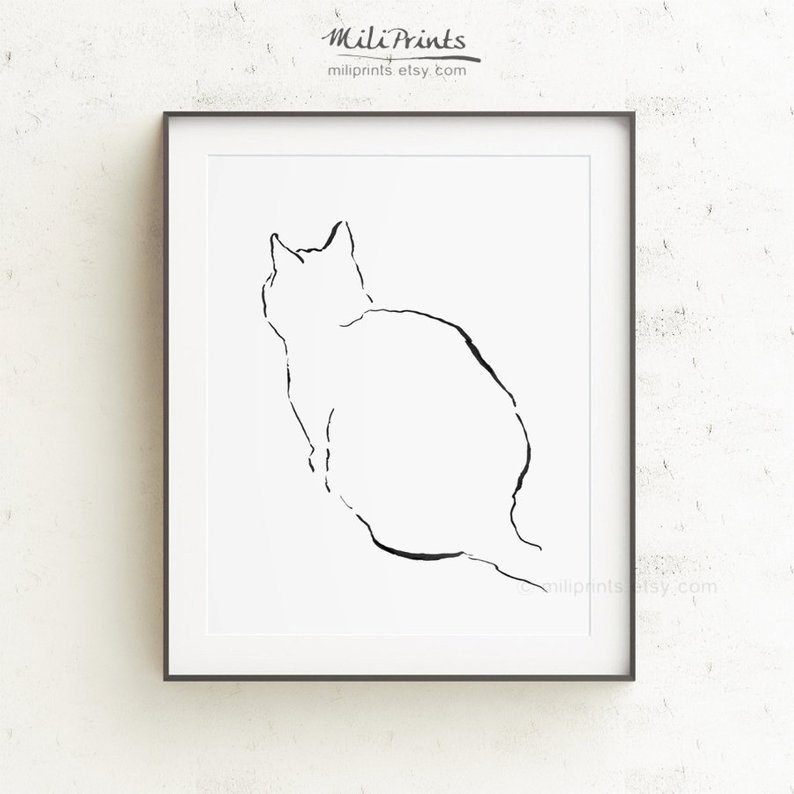 794x794 cat line drawing cat figure cat pen drawing shipped print etsy - Simple Cat Line Drawing