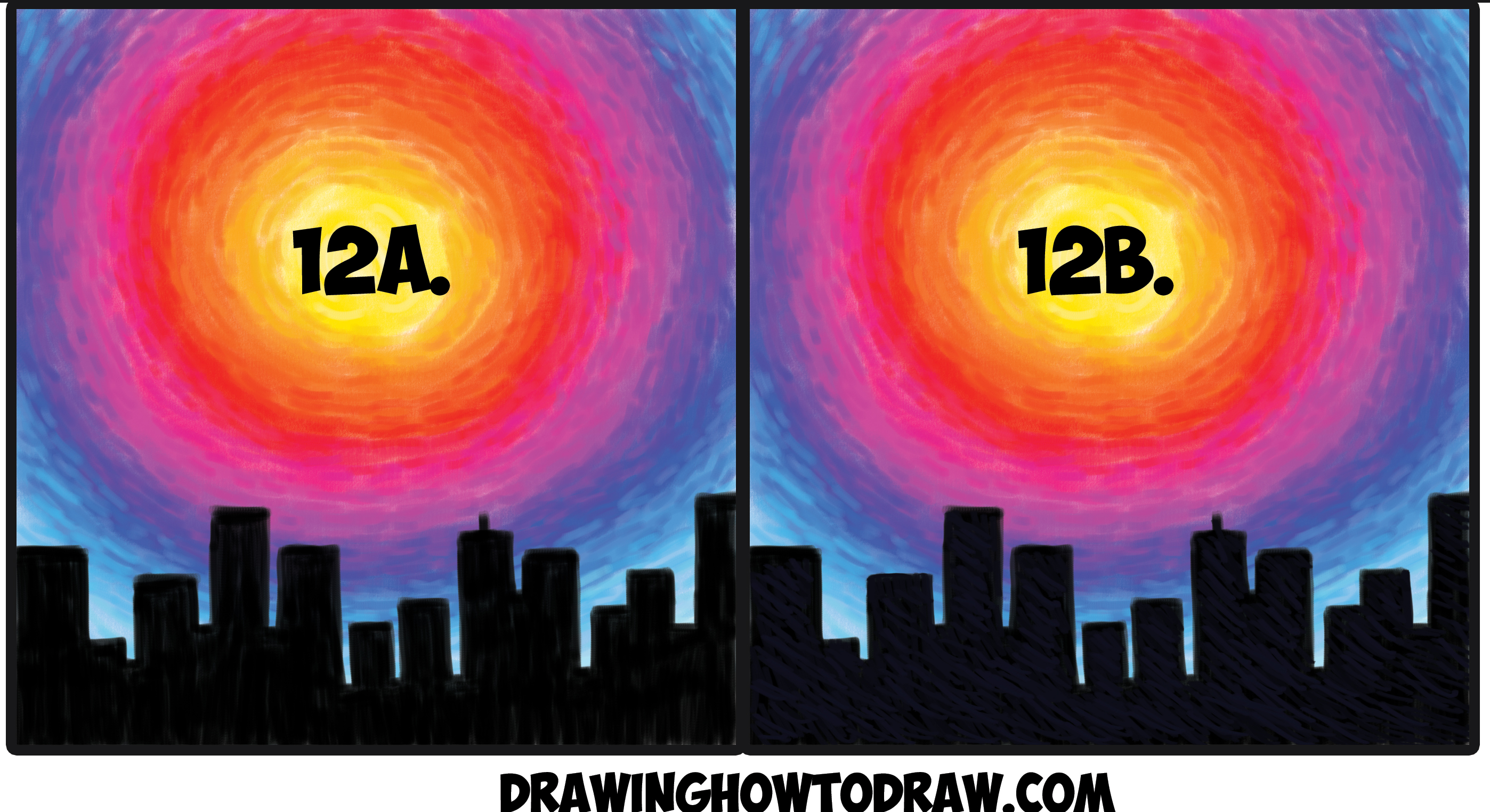 2796x1524 how to draw or paint sunset with black city silhouette cityscape - Simple Cityscape Drawing