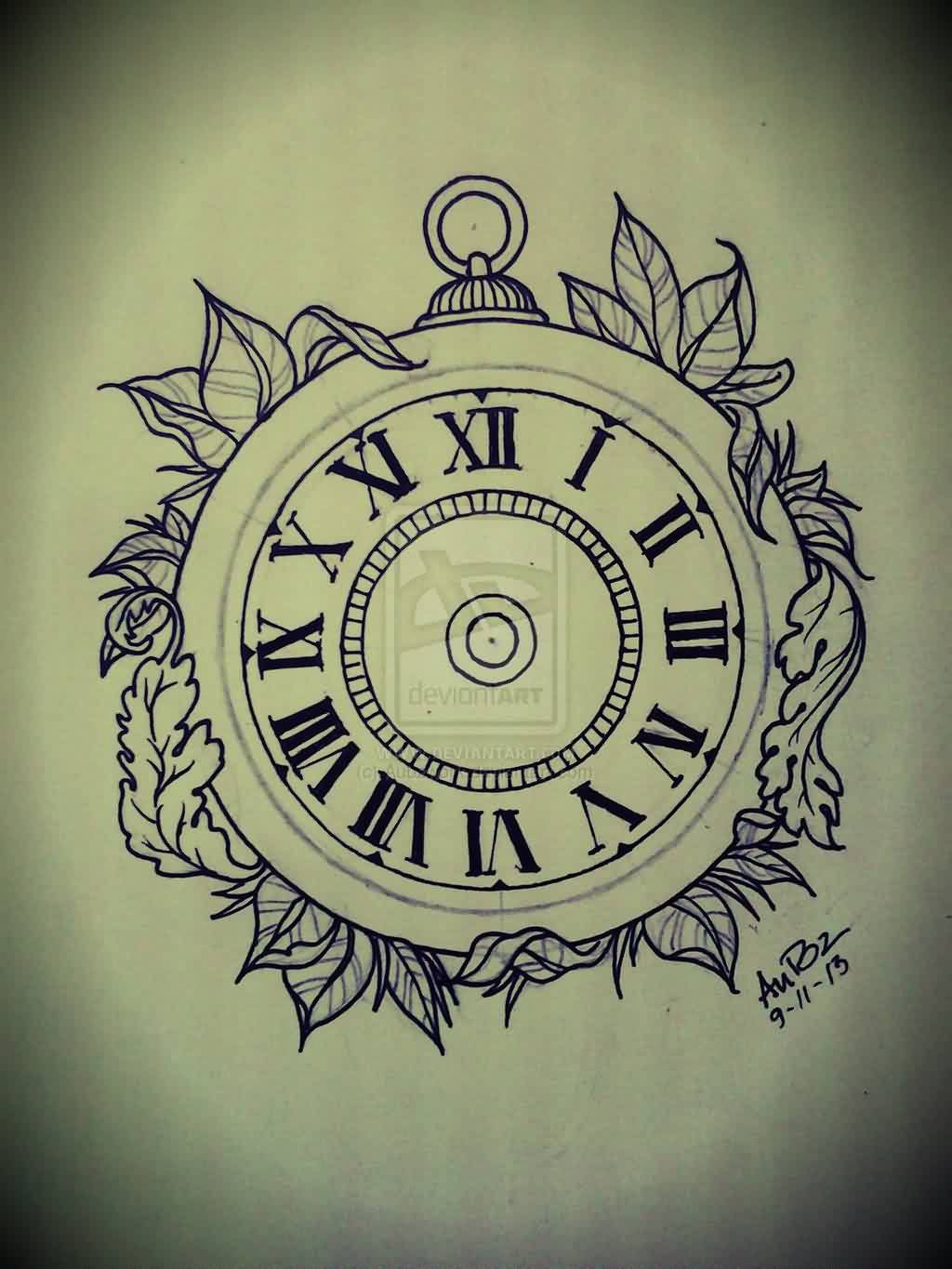 1024x1365 Leaves And Simple Clock Tattoo Design Tattoo It Up Clock - Simple Clock Drawing