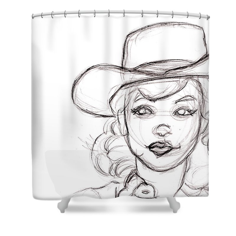 800x800 pencil sketch drawing of retro girl in cowboy hat shower curtain - Simple Cowboy Hat Drawing