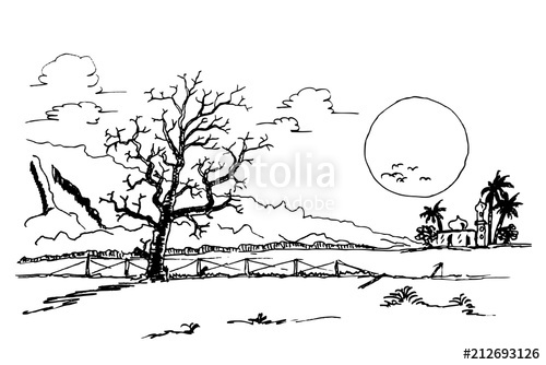 500x334 simple sketch of dead tree, hill, mountain and mosque stock photo - Simple Dead Tree Drawing