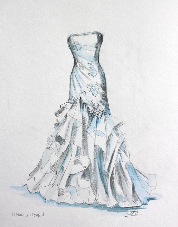 570x725 Simple Wedding Dress Painting Sketch Etsy - Simple Dress Drawing