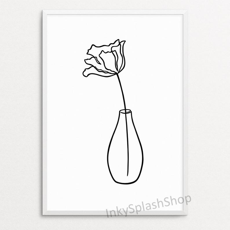 794x794 Minimalist Flower Print One Line Drawing Simple Floral Vase Etsy - Simple Flower Line Drawing