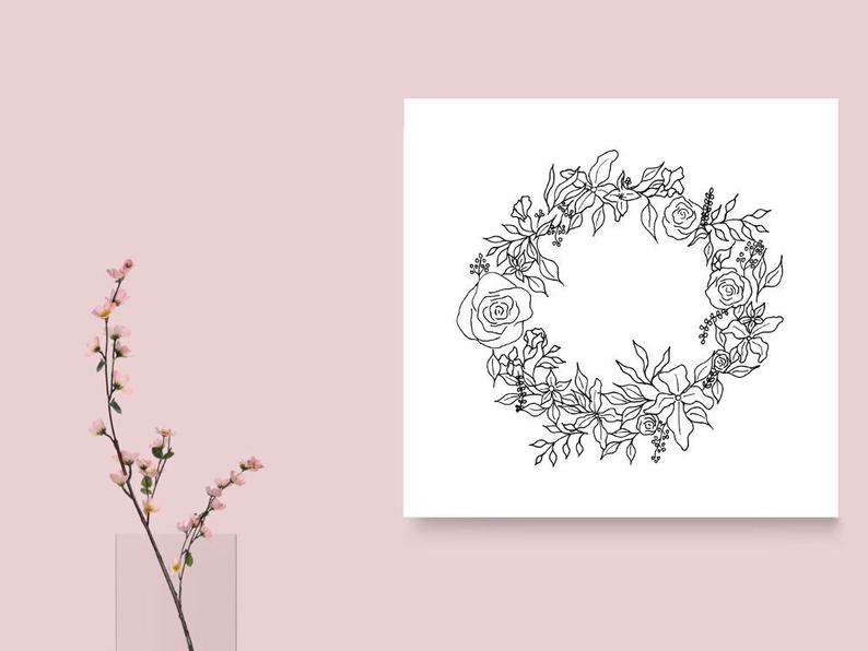 794x596 flower wreath drawing ink flower illustration flower wreath etsy - Simple Flower Line Drawing