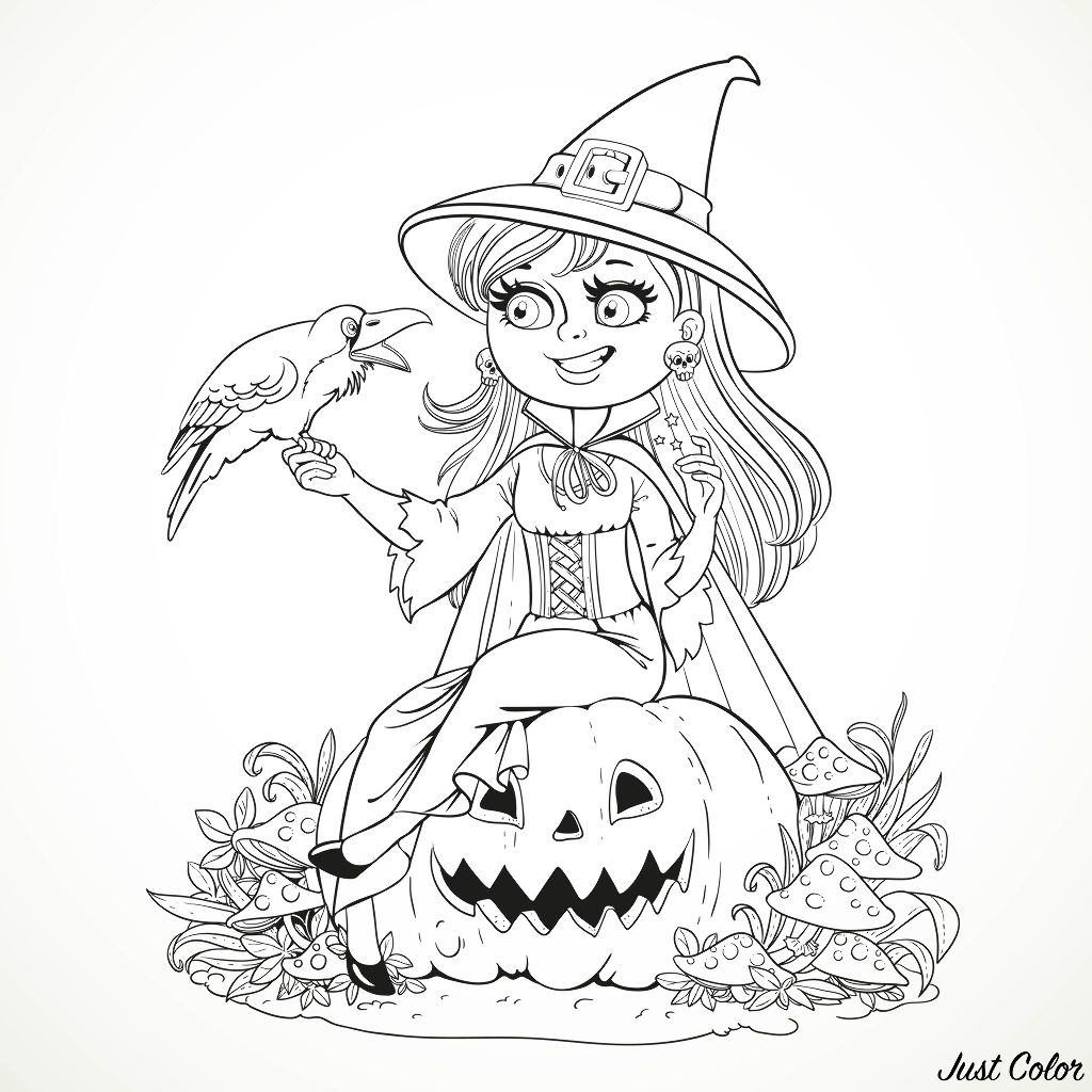 1024x1024 halloween smiling witch and crow - Simple Halloween Witch Drawing