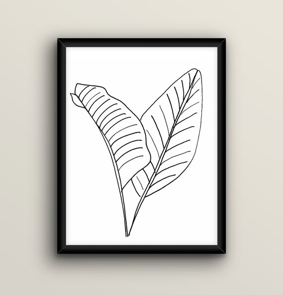 570x594 minimal botanical print tropical black white botanical leaf etsy - Simple Leaf Drawing