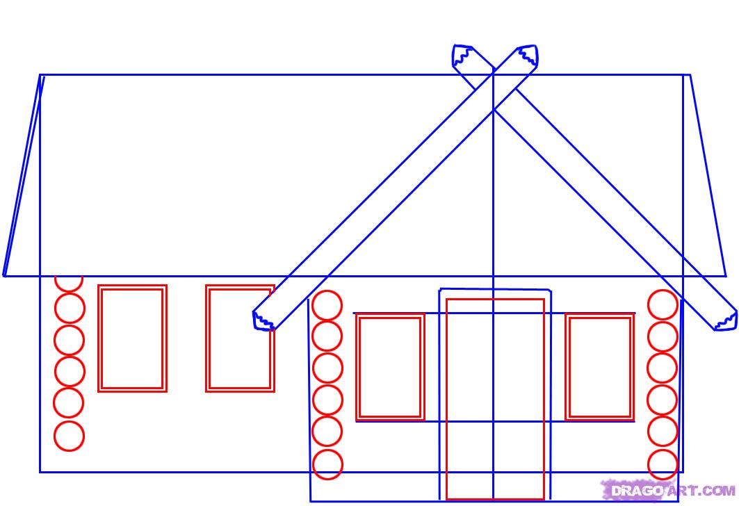 Начертить дом. Поэтапное рисование избы. Поэтапное рисование избушки. Нарисовать избу. Поэтапное рисование русской избы.