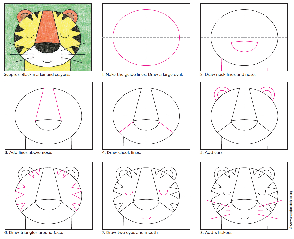 1217x989 Draw A Tiger Face Art Projects For Kids - Simple Tiger Face Drawing