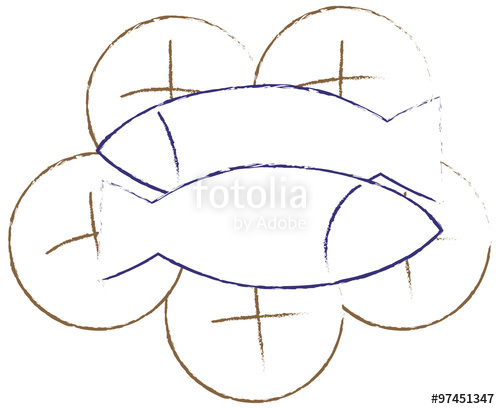 500x409 Two Fish And Five Bread Loeaves Eucharist Symbol Simple Vector - Simple Vector Drawing