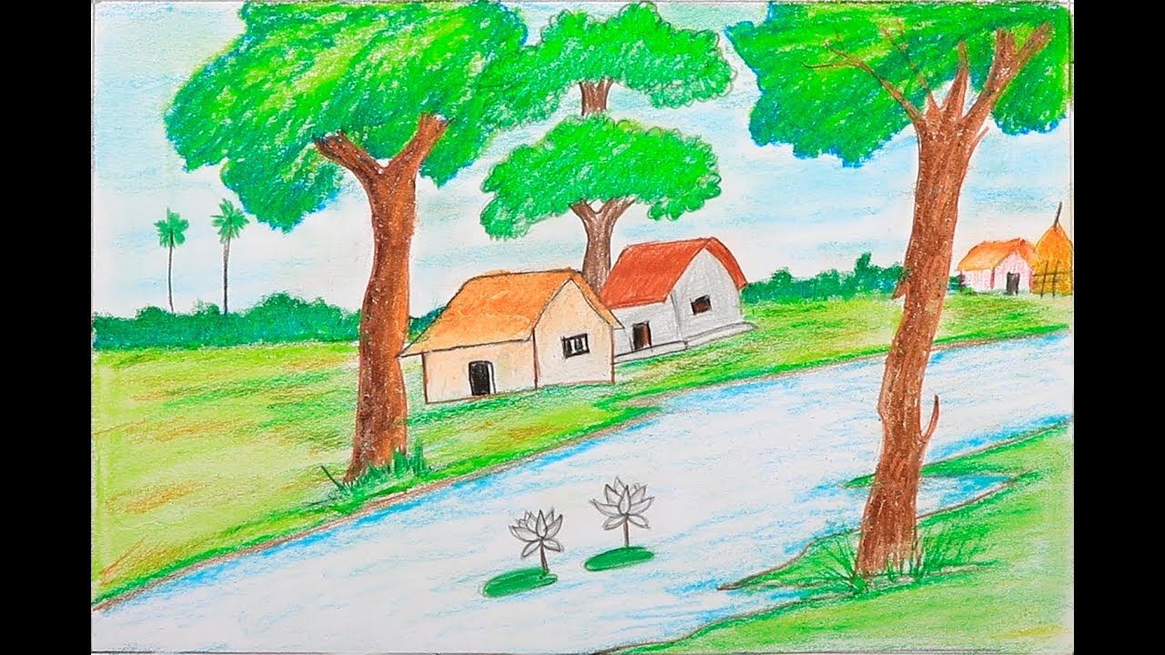 1280x720 How To Draw A Village Scenery Step - Simple Village Drawing