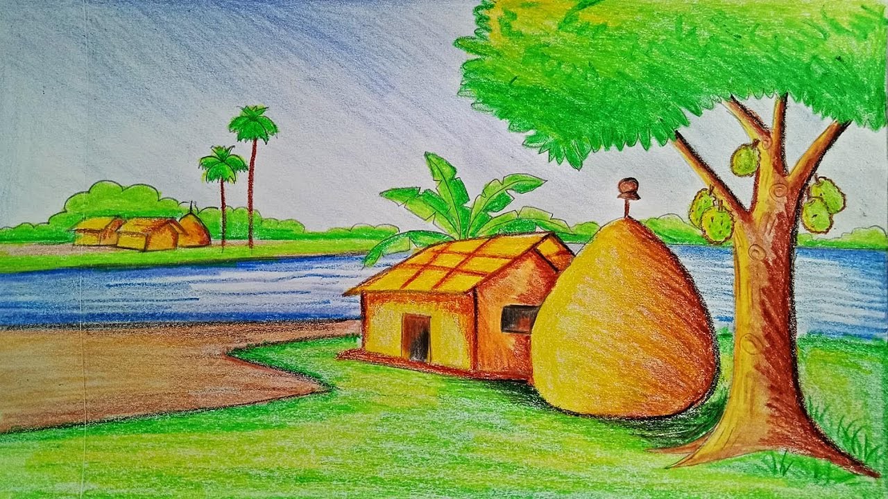 Pencil Drawing Village Scenery