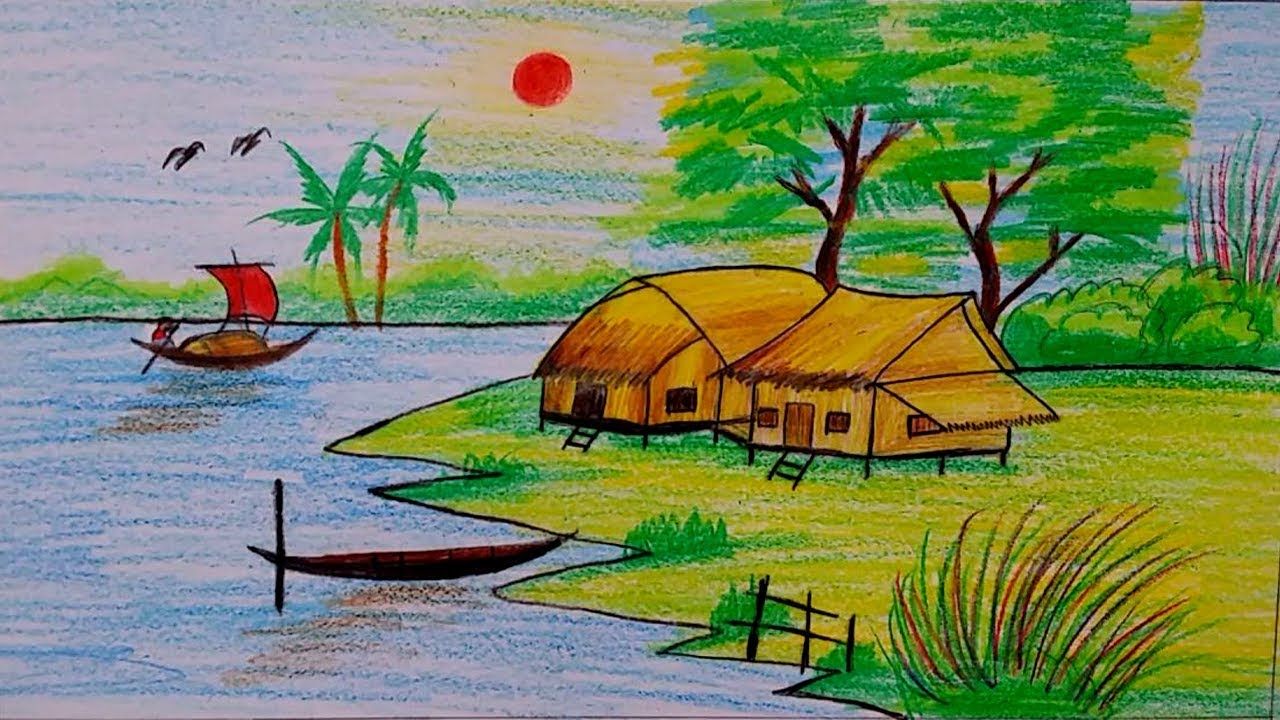 1280x720 How To Draw Village Scenery Step - Simple Village Drawing
