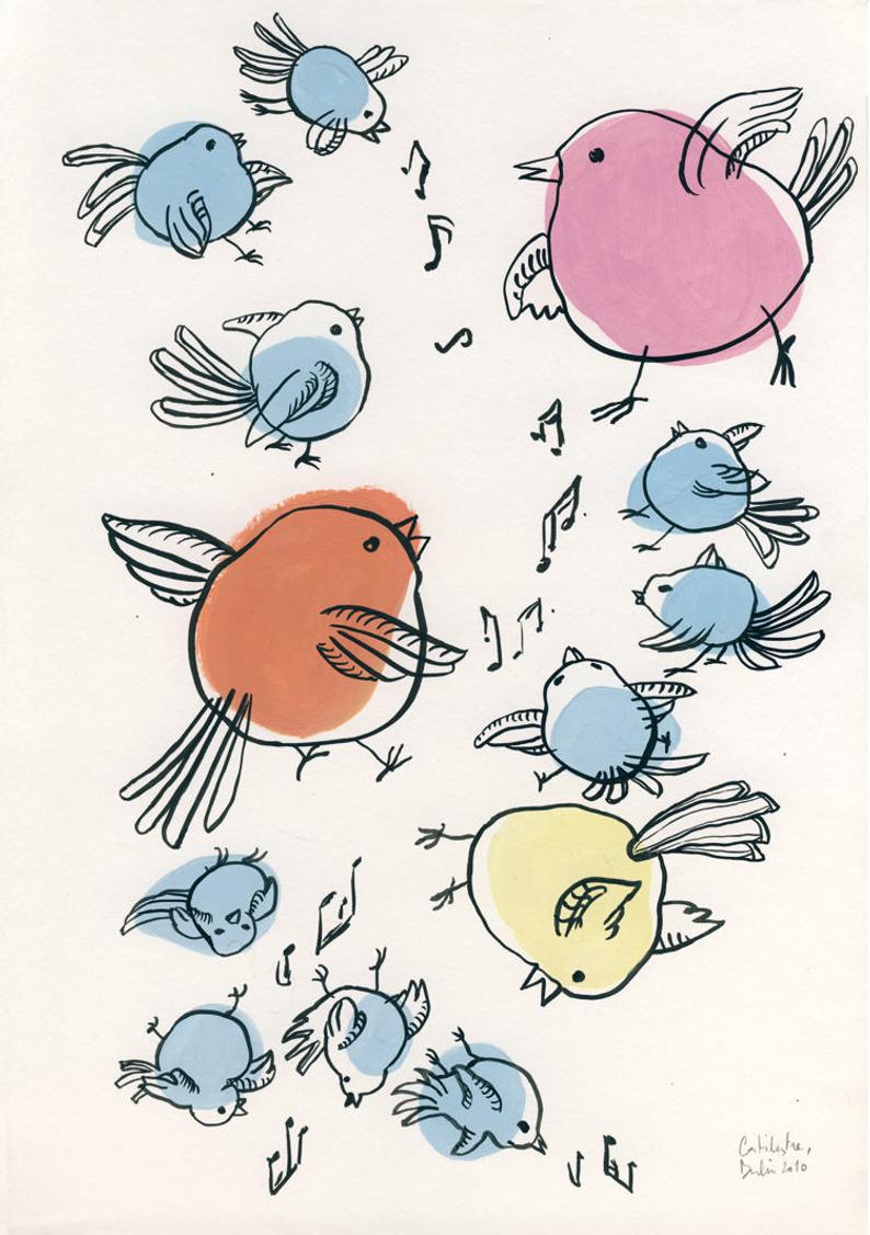 794x1127 singing birds nursery print color birds drawing ink etsy - Singing Bird Drawing