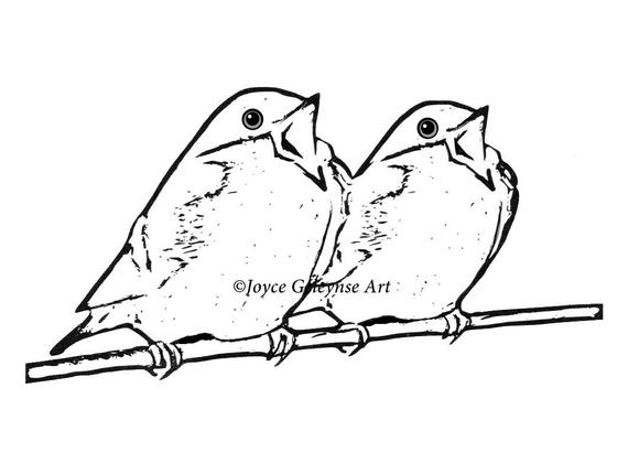 570x430 digital stamp clip art singing birds on a branch freehand etsy - Singing Bird Drawing