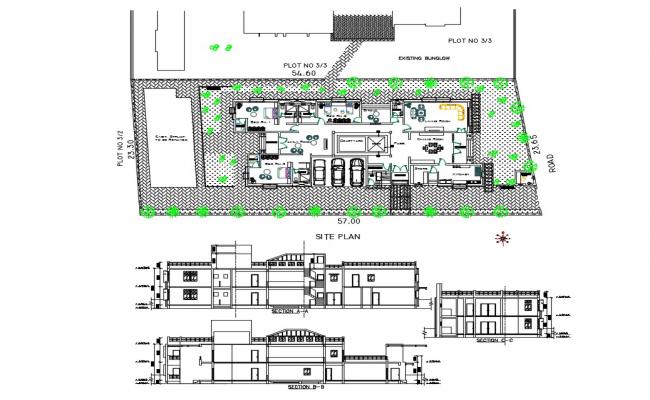 650x400 bungalow all side section, site plan and distribution plan cad - Site Section Drawing