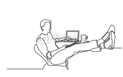 400x250 Continuous Line Drawing Of Young Man Sitting With Laptop Computer - Sitting Drawing