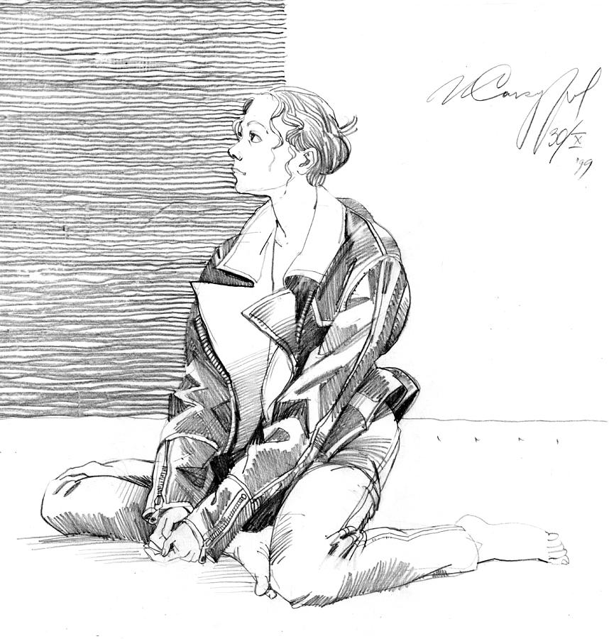 858x900 Sitting Girl In The Leather Jacket Drawing - Sitting Girl Drawing