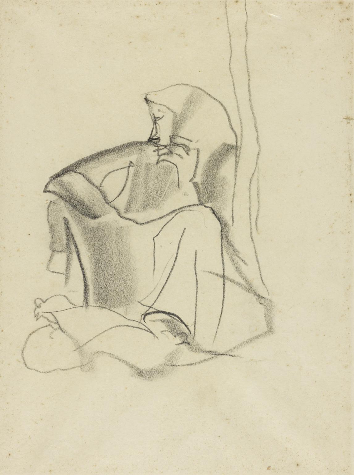 1146x1536 Sketch Of A Woman In A Headscarf Sitting Down And Leaning Against - Sitting Girl Drawing