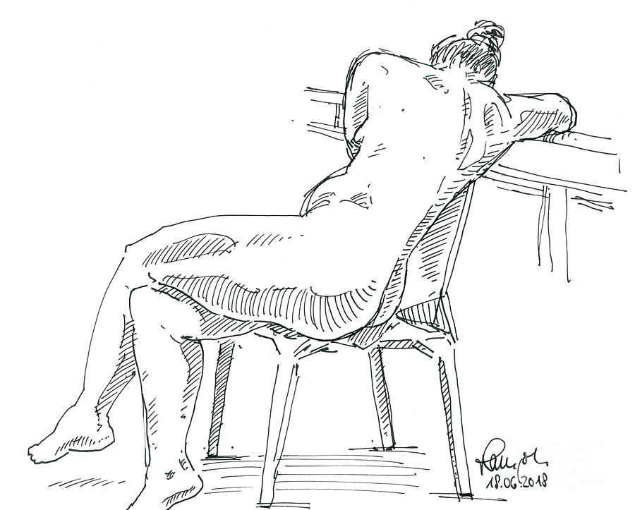 900x723 Female Figure Drawing Sitting Pose Fountain Pen Ink Drawing - Sitting Poses Drawing