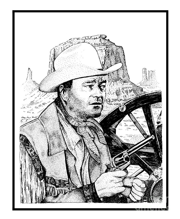 741x900 john wayne and six shooter bw drawing - Six Shooter Drawing