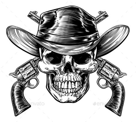 473x425 skull cowboy in western hat and a pair of crossed gun revolver - Six Shooter Drawing