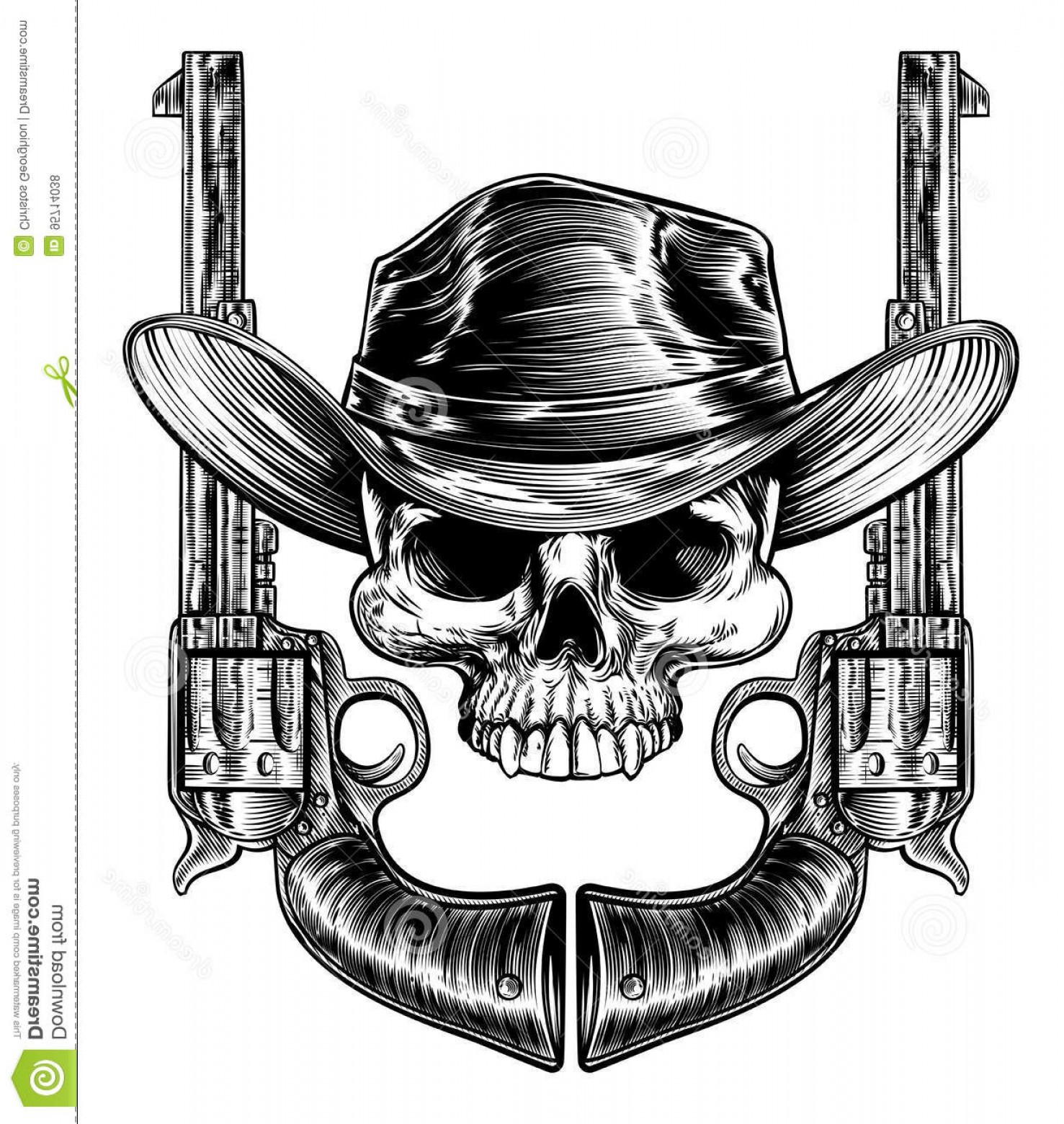 1477x1560 stock illustration skull cowboy hat guns western pair revolver six - Six Shooter Drawing